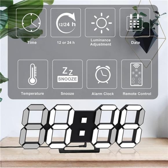 LED Digital Clock 3D Modern Clocks Wall/Desk 9.7'' Large Display Remote Alarm - Picture 3 of 6